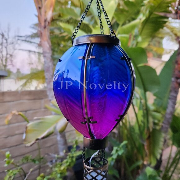 Blue-Glass/Metal Hot Air Balloon With Flickering Solar Light , Garden Decor - Picture 3 of 3